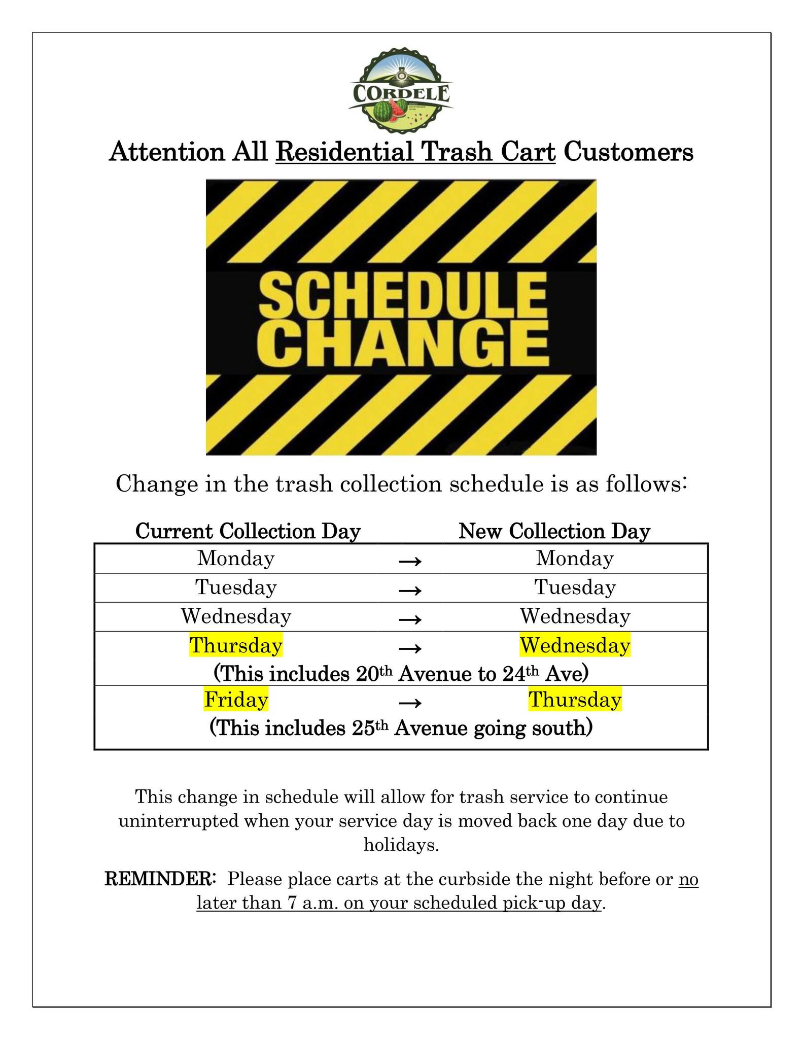 City of Cordele Trash Collection Schedule Change Cordele Dispatch